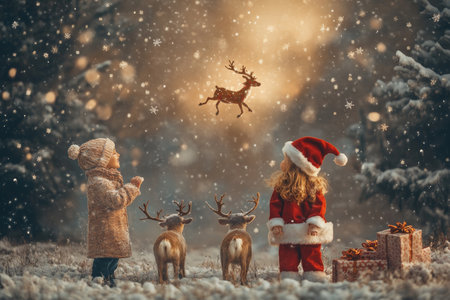 Children gaze in awe at santa claus and reindeer soaring through the night sky with giftsの写真素材