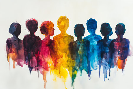 Vibrant abstract watercolor artwork showing unity among a diverse community of individualsの写真素材