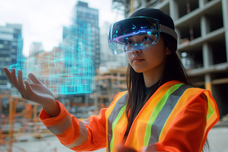 Woman in safety vest examines holographic building model while holding vr glasses outdoorsの写真素材