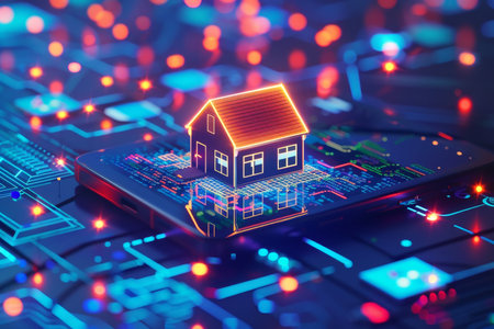 Smart home tech concept house on mobile screen with wireless links to home devicesの写真素材