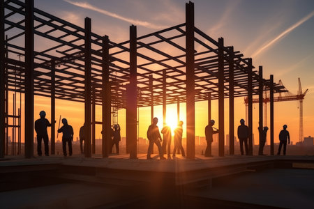 Silhouette of engineer and team working at site with blurred sunset background for industryの写真素材