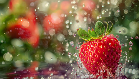 Close up shot of ripe strawberry falling with selective focus in high quality imageの写真素材