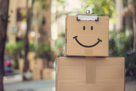 Portrait of smiling delivery person with clipboard and box, symbolizing cargo shipping in logisticsの写真素材