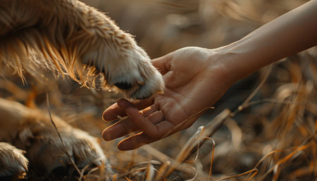 Emotional connection human hand and dog paw touch, symbolizing deep love and friendshipの写真素材