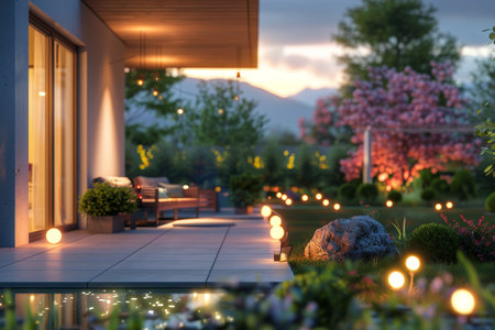 Twilight ambiance suburban home patio illuminated by garden lights and digital ai integrationの写真素材