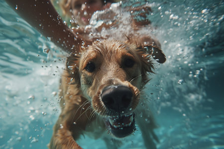 Playful dog diving underwater with owner, enjoying summer adventure and having fun in the waterの写真素材