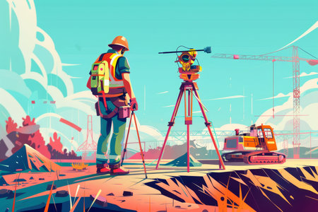 Engineer and surveyor utilizing theodolite transit equipment at construction site with ai assistanceの写真素材