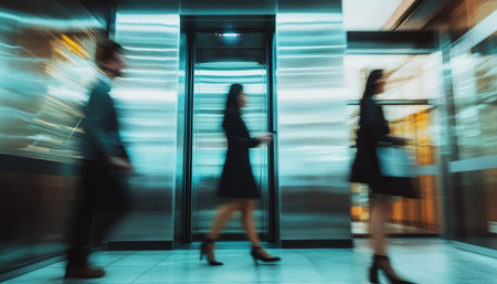 Office workers in a modern elevator using phones with blurred background for a dynamic atmosphereの写真素材