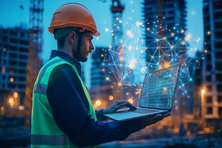 Engineer with laptop and holographic plan at construction site with modern high rise and cranes