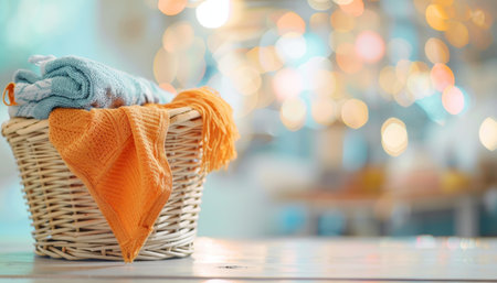 Laundry basket and washing machine with copy space on blurred background for text placementの写真素材