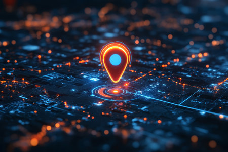 Futuristic map pin location with advanced ai technology in a high tech backgroundの写真素材