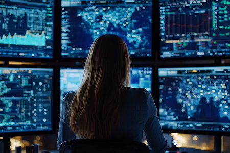 Female analyst analyzing global data on multiple screens in a high tech control room