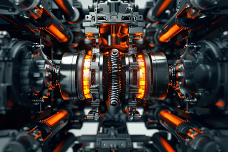 Detailed cutaway display of advanced car engine prototype in high definition qualityの写真素材