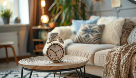 Bohemian style living room with alarm clock on wooden table next to comfortable sofa