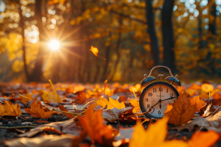 Vibrant autumn leaves and alarm clock on ground stock photo for time change conceptの写真素材