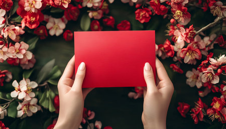 Hands grasp a red Chinese envelope amidst blooming flowers, signifying good fortune for new yearの写真素材