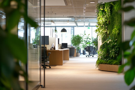 Modern eco friendly office interior design featuring sustainable materials and open spacesの写真素材