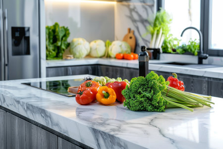 Modern kitchen with marble countertop and fresh produce, embracing healthy livingの写真素材