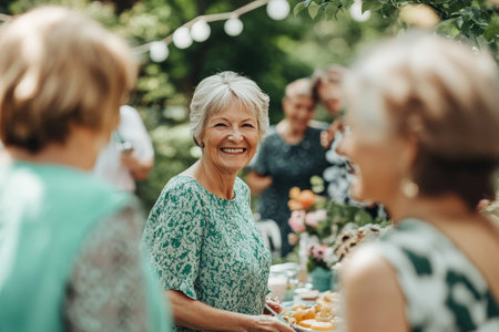 Senior woman celebrates birthday with friends at a joyful outdoor summer garden partyの写真素材