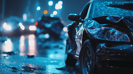 Front view of a highway car accident featuring damaged black vehicles with cinematic blue lightingの写真素材