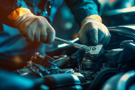Auto mechanic fixes broken engine in bright garage using tools for vehicle maintenance