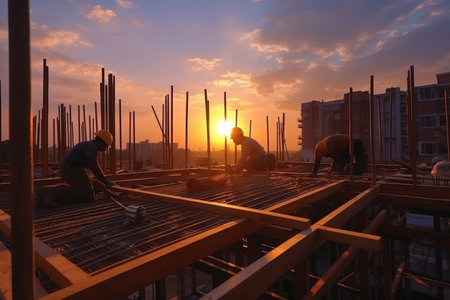 Engineer silhouette at construction site with sunset background for industry conceptの写真素材
