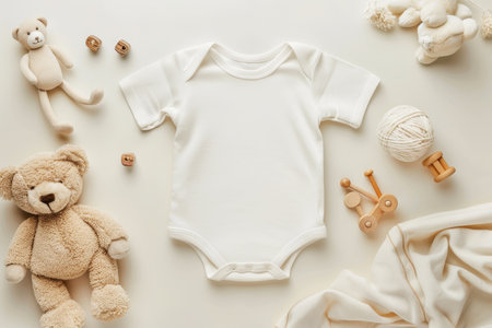 Neutral newborn bodysuit mockup with teddy bear and wooden toys on pastel backgroundの写真素材
