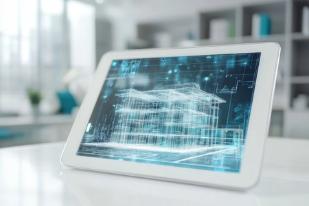 Digital tablet with blueprints and holographic projection for modern architectural designの写真素材