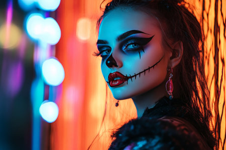 Young woman showcases bold Halloween makeup against a colorful urban night backdropのeditorial素材