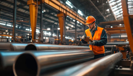 Quality control engineer examining steel pipe material in a factory warehouse setting