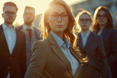 High quality portrait of successful businesswoman and team for professional recognitionの写真素材