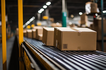 Conveyor belt with cardboard boxes in a warehouse setting with blurred background for stock photoの写真素材