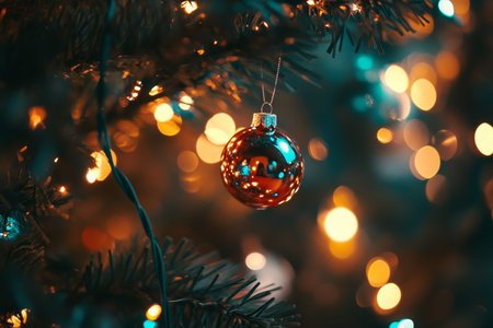 Christmas tree adorned with baubles and sparkling blurred lights creating a festive atmosphereの写真素材