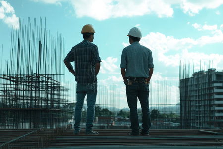 Two young architects collaborating on a construction site, shaping the future of building designの写真素材