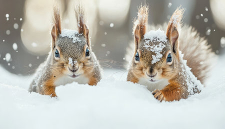 Charming winter scene of two squirrels playing in the snowy landscape amidst cold weatherの写真素材