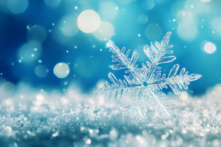 Elegant panoramic image of a crystal clear snowflake amidst frost and blue background