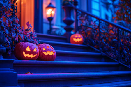 Spooky halloween scene jack o lanterns adorning the steps of an elegant mansionの写真素材