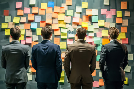 Businessmen collaborating in front of a wall of sticky notes representing brainstorming and ideasの写真素材