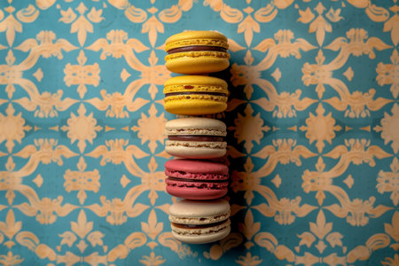 Colorful macaroons on eastern pattern background with ample space for text placement