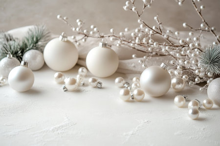 Minimalist white christmas ornaments and pearl decorations on soft background for elegant decorの写真素材