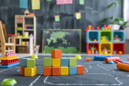 Colorful educational blocks playroom with chalkboard, perfect for preschoolers and kindergartenersの写真素材