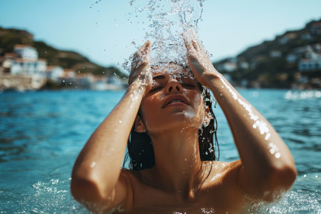 Candid shot of a beautiful woman splashing water in the sea near a picturesque greek island villageの写真素材