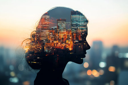 A woman s profile merges with a cityscape, representing the bond between humanity and urban lifeの写真素材