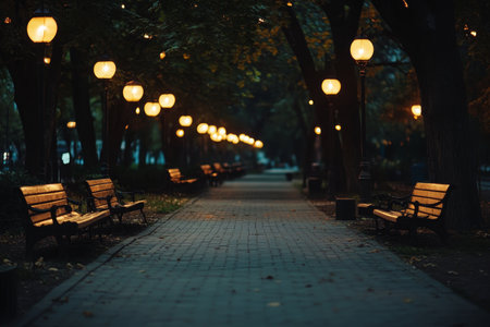 Tranquil city park scene with softly illuminated benches and glowing lanterns at duskの写真素材
