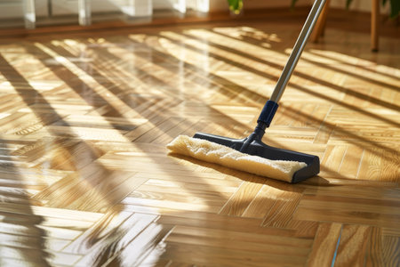 High quality image of parquet floor cleaning with mop and cleanser foam tools on wooden floorの写真素材