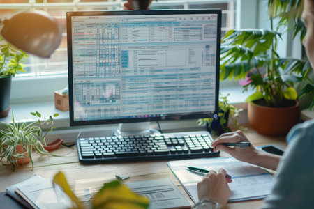 Online state tax filing person using computer for personal income tax return and financial analysisの写真素材