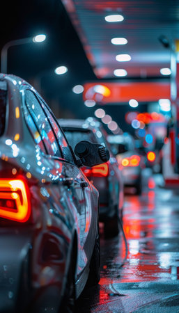 Selective focus on silver metallic car refueling at night gas station with blurred background