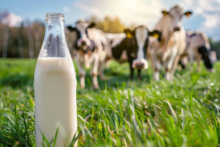 Sunny day grazing well fed cows on lush green lawn with bottle of fresh milk in backgroundの写真素材