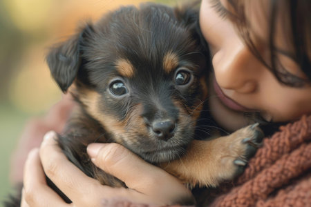 Woman tenderly cradling cute puppy, displaying affection and care for the adorable pet