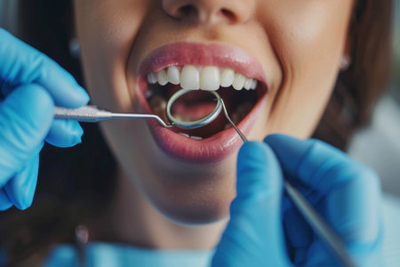 Professional dentist thorough conducting dental examination on young woman in clinic settingの写真素材